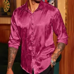 Discount OUKU Men's Shirt Satin Shirt Casual Shirt Button Up Shirt Floral Wedding Vacation Red Green Beige Long Sleeve Collar Winter Spring & Summer Clothing Apparel