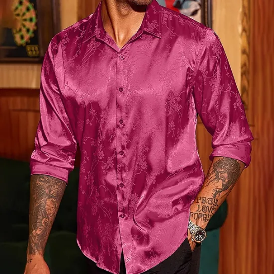 Discount OUKU Men's Shirt Satin Shirt Casual Shirt Button Up Shirt Floral Wedding Vacation Red Green Beige Long Sleeve Collar Winter Spring & Summer Clothing Apparel