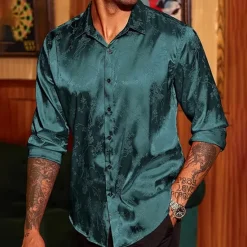 Discount OUKU Men's Shirt Satin Shirt Casual Shirt Button Up Shirt Floral Wedding Vacation Red Green Beige Long Sleeve Collar Winter Spring & Summer Clothing Apparel