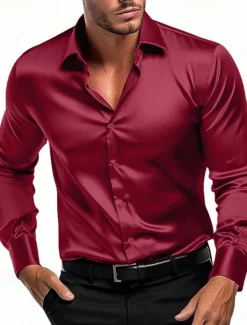 Online OUKU Men's Shirt Satin Shirt Casual Shirt Button Up Shirt Plain Wedding Vacation Black White Wine Navy Blue Long Sleeve Lapel Spring & Fall Clothing Apparel