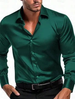 Online OUKU Men's Shirt Satin Shirt Casual Shirt Button Up Shirt Plain Wedding Vacation Black White Wine Navy Blue Long Sleeve Lapel Spring & Fall Clothing Apparel