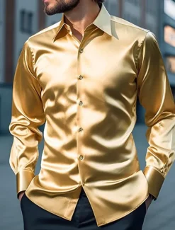 Hot OUKU Men's Shirt Satin Shirt Casual Shirt Button Up Shirt Black Yellow Blue Red Light Grey Long Sleeve Plain Lapel Vacation Daily Clothing Apparel Fashion Casual Comfortable
