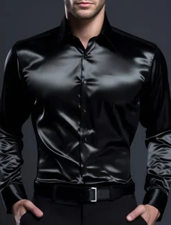 Hot OUKU Men's Shirt Satin Shirt Casual Shirt Button Up Shirt Black Yellow Blue Red Light Grey Long Sleeve Plain Lapel Vacation Daily Clothing Apparel Fashion Casual Comfortable
