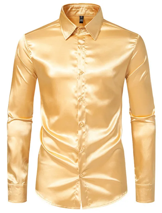 Hot OUKU Men's Shirt Satin Shirt Casual Shirt Button Up Shirt Black Yellow Blue Red Light Grey Long Sleeve Plain Lapel Vacation Daily Clothing Apparel Fashion Casual Comfortable