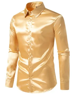 Hot OUKU Men's Shirt Satin Shirt Casual Shirt Button Up Shirt Black Yellow Blue Red Light Grey Long Sleeve Plain Lapel Vacation Daily Clothing Apparel Fashion Casual Comfortable