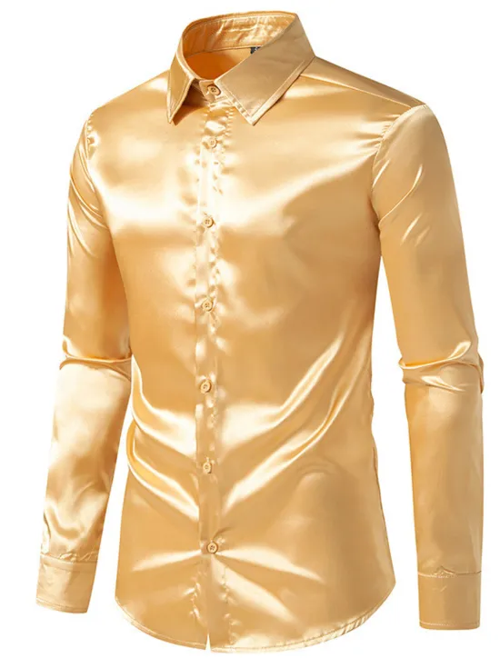 Hot OUKU Men's Shirt Satin Shirt Casual Shirt Button Up Shirt Black Yellow Blue Red Light Grey Long Sleeve Plain Lapel Vacation Daily Clothing Apparel Fashion Casual Comfortable