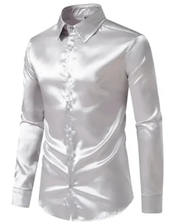 Hot OUKU Men's Shirt Satin Shirt Casual Shirt Button Up Shirt Black Yellow Blue Red Light Grey Long Sleeve Plain Lapel Vacation Daily Clothing Apparel Fashion Casual Comfortable