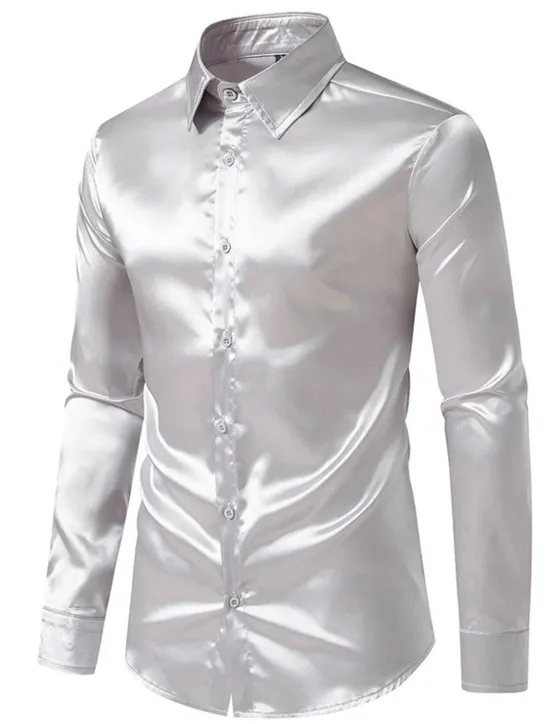 Hot OUKU Men's Shirt Satin Shirt Casual Shirt Button Up Shirt Black Yellow Blue Red Light Grey Long Sleeve Plain Lapel Vacation Daily Clothing Apparel Fashion Casual Comfortable