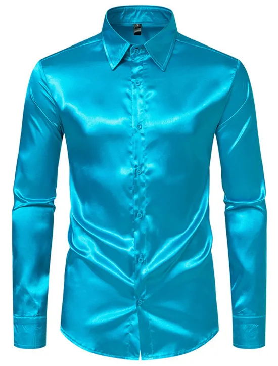 Hot OUKU Men's Shirt Satin Shirt Casual Shirt Button Up Shirt Black Yellow Blue Red Light Grey Long Sleeve Plain Lapel Vacation Daily Clothing Apparel Fashion Casual Comfortable