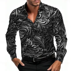 Best OUKU Men's Shirt Satin Shirt Dress Shirt Button Up Shirt Floral Party Evening Wear Red Blue Gold Gray Long Sleeve Turndown Summer Spring Clothing Apparel Button Up