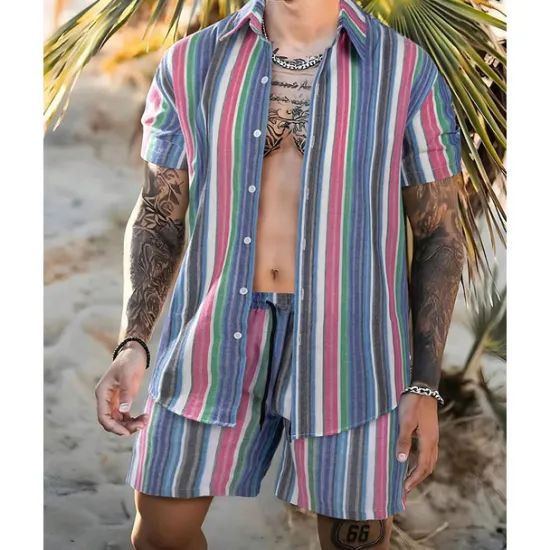 Hot OUKU Men's Shirt Set T-shirt Suits 2 Pieces Outfits Tee & Shorts Short Sleeve Shirt Collar Summer Stripes Fashion Casual 2 Piece Vacation Daily Wear Going out Blue Orange Top Tee for Men