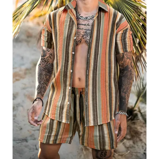 Hot OUKU Men's Shirt Set T-shirt Suits 2 Pieces Outfits Tee & Shorts Short Sleeve Shirt Collar Summer Stripes Fashion Casual 2 Piece Vacation Daily Wear Going out Blue Orange Top Tee for Men