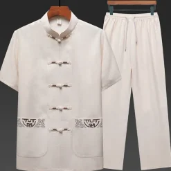 Outlet OUKU Men's Shirt Shirt Set Summer Shirt Casual Shirt Beach Shirt Button Up Shirt White Navy Blue Green Light Grey Dark Gray Short Sleeve Plain Stand Collar Vacation Hawaiian 2 Piece Clothing Apparel