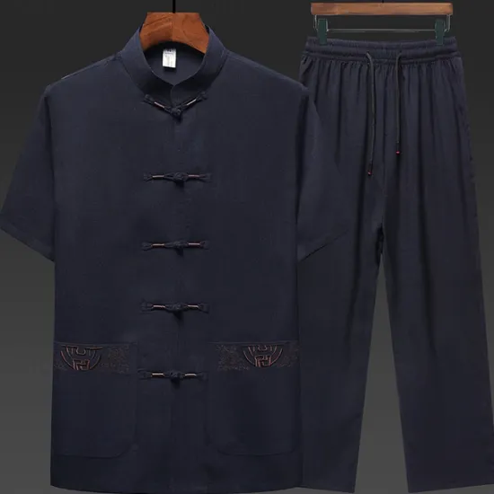 Outlet OUKU Men's Shirt Shirt Set Summer Shirt Casual Shirt Beach Shirt Button Up Shirt White Navy Blue Green Light Grey Dark Gray Short Sleeve Plain Stand Collar Vacation Hawaiian 2 Piece Clothing Apparel