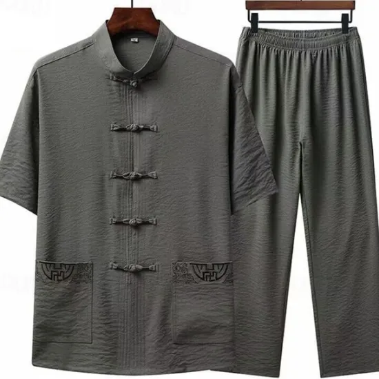 Outlet OUKU Men's Shirt Shirt Set Summer Shirt Casual Shirt Beach Shirt Button Up Shirt White Navy Blue Green Light Grey Dark Gray Short Sleeve Plain Stand Collar Vacation Hawaiian 2 Piece Clothing Apparel
