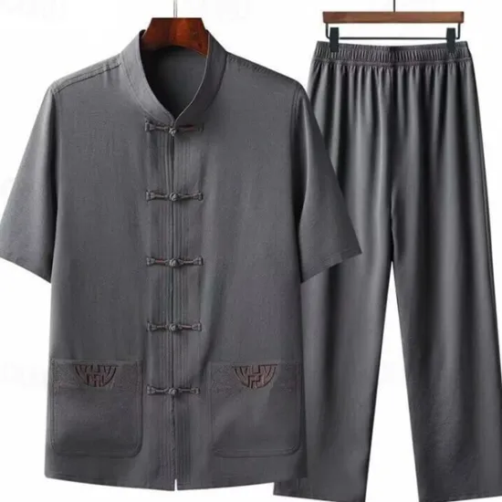 Outlet OUKU Men's Shirt Shirt Set Summer Shirt Casual Shirt Beach Shirt Button Up Shirt White Navy Blue Green Light Grey Dark Gray Short Sleeve Plain Stand Collar Vacation Hawaiian 2 Piece Clothing Apparel