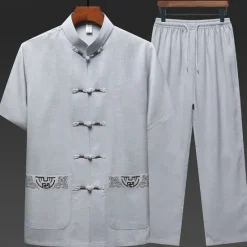 Outlet OUKU Men's Shirt Shirt Set Summer Shirt Casual Shirt Beach Shirt Button Up Shirt White Navy Blue Green Light Grey Dark Gray Short Sleeve Plain Stand Collar Vacation Hawaiian 2 Piece Clothing Apparel