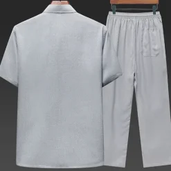 Outlet OUKU Men's Shirt Shirt Set Summer Shirt Casual Shirt Beach Shirt Button Up Shirt White Navy Blue Green Light Grey Dark Gray Short Sleeve Plain Stand Collar Vacation Hawaiian 2 Piece Clothing Apparel