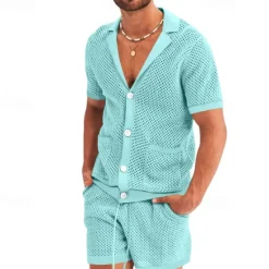 New OUKU Men's Shirt Shirt Set Summer Shirt Casual Shirt Beach Shirt Button Up Shirt Black White Royal Blue Light Grey Light Blue Short Sleeve Plain Lapel Vacation Hawaiian Mesh Clothing Apparel Polyester