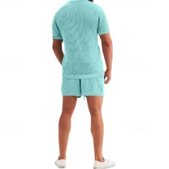 New OUKU Men's Shirt Shirt Set Summer Shirt Casual Shirt Beach Shirt Button Up Shirt Black White Royal Blue Light Grey Light Blue Short Sleeve Plain Lapel Vacation Hawaiian Mesh Clothing Apparel Polyester