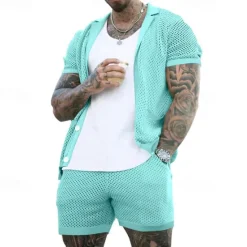New OUKU Men's Shirt Shirt Set Summer Shirt Casual Shirt Beach Shirt Button Up Shirt Black White Royal Blue Light Grey Light Blue Short Sleeve Plain Lapel Vacation Hawaiian Mesh Clothing Apparel Polyester