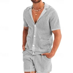 New OUKU Men's Shirt Shirt Set Summer Shirt Casual Shirt Beach Shirt Button Up Shirt Black White Royal Blue Light Grey Light Blue Short Sleeve Plain Lapel Vacation Hawaiian Mesh Clothing Apparel Polyester