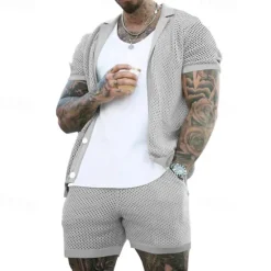 New OUKU Men's Shirt Shirt Set Summer Shirt Casual Shirt Beach Shirt Button Up Shirt Black White Royal Blue Light Grey Light Blue Short Sleeve Plain Lapel Vacation Hawaiian Mesh Clothing Apparel Polyester