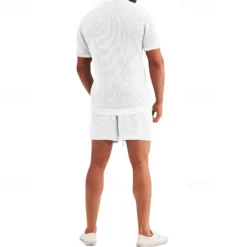 New OUKU Men's Shirt Shirt Set Summer Shirt Casual Shirt Beach Shirt Button Up Shirt Black White Royal Blue Light Grey Light Blue Short Sleeve Plain Lapel Vacation Hawaiian Mesh Clothing Apparel Polyester