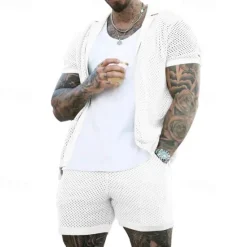 New OUKU Men's Shirt Shirt Set Summer Shirt Casual Shirt Beach Shirt Button Up Shirt Black White Royal Blue Light Grey Light Blue Short Sleeve Plain Lapel Vacation Hawaiian Mesh Clothing Apparel Polyester