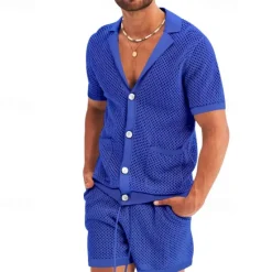 New OUKU Men's Shirt Shirt Set Summer Shirt Casual Shirt Beach Shirt Button Up Shirt Black White Royal Blue Light Grey Light Blue Short Sleeve Plain Lapel Vacation Hawaiian Mesh Clothing Apparel Polyester