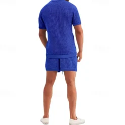 New OUKU Men's Shirt Shirt Set Summer Shirt Casual Shirt Beach Shirt Button Up Shirt Black White Royal Blue Light Grey Light Blue Short Sleeve Plain Lapel Vacation Hawaiian Mesh Clothing Apparel Polyester
