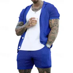 New OUKU Men's Shirt Shirt Set Summer Shirt Casual Shirt Beach Shirt Button Up Shirt Black White Royal Blue Light Grey Light Blue Short Sleeve Plain Lapel Vacation Hawaiian Mesh Clothing Apparel Polyester