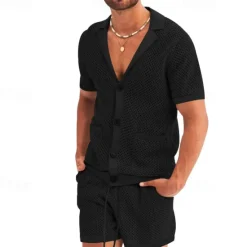 New OUKU Men's Shirt Shirt Set Summer Shirt Casual Shirt Beach Shirt Button Up Shirt Black White Royal Blue Light Grey Light Blue Short Sleeve Plain Lapel Vacation Hawaiian Mesh Clothing Apparel Polyester