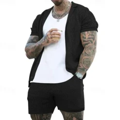 New OUKU Men's Shirt Shirt Set Summer Shirt Casual Shirt Beach Shirt Button Up Shirt Black White Royal Blue Light Grey Light Blue Short Sleeve Plain Lapel Vacation Hawaiian Mesh Clothing Apparel Polyester