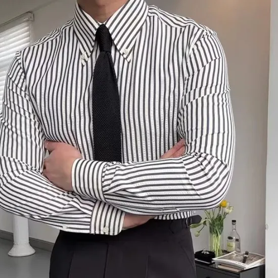 Online OUKU Men's Shirt Spearpoint Collar Shirt Dress Shirt Button Up Shirt Stripe Wedding Party Navy Blue Brown Green Long Sleeve Lapel Spring & Fall Clothing Apparel