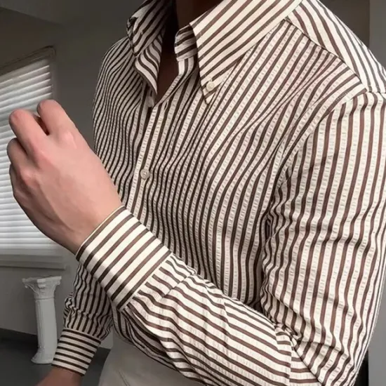 Online OUKU Men's Shirt Spearpoint Collar Shirt Dress Shirt Button Up Shirt Stripe Wedding Party Navy Blue Brown Green Long Sleeve Lapel Spring & Fall Clothing Apparel