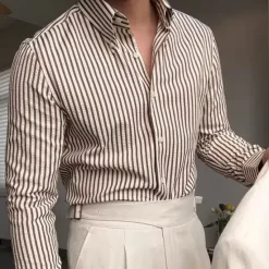 Online OUKU Men's Shirt Spearpoint Collar Shirt Dress Shirt Button Up Shirt Stripe Wedding Party Navy Blue Brown Green Long Sleeve Lapel Spring & Fall Clothing Apparel