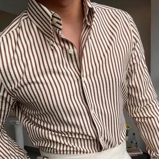 Online OUKU Men's Shirt Spearpoint Collar Shirt Dress Shirt Button Up Shirt Stripe Wedding Party Navy Blue Brown Green Long Sleeve Lapel Spring & Fall Clothing Apparel
