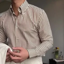 Online OUKU Men's Shirt Spearpoint Collar Shirt Dress Shirt Button Up Shirt Stripe Wedding Party Navy Blue Brown Green Long Sleeve Lapel Spring & Fall Clothing Apparel
