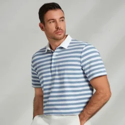 Hot OUKU Men's Shirt Striped Horizontal Stripes Casual Cable Knit Polo Short Sleeve Outdoor Causal Casual Summer Print Turndown Blue Micro-elastic 48% cotton, 48% polyester, 4% spandex Black