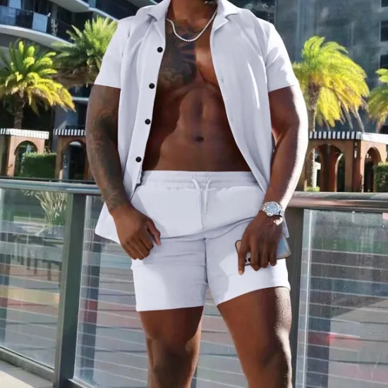 Online OUKU Men's Shirt Suits 2 Pieces Outfits Tee & Shorts Short Sleeve Lapel Summer Plain Fashion Casual Buttons 2 Piece Vacation Daily Wear Going out Black White Red Top Tee for Men