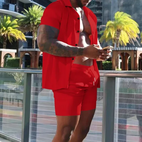 Online OUKU Men's Shirt Suits 2 Pieces Outfits Tee & Shorts Short Sleeve Lapel Summer Plain Fashion Casual Buttons 2 Piece Vacation Daily Wear Going out Black White Red Top Tee for Men