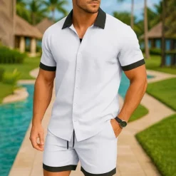 OUKU Men's Shirt Suits 2 Pieces Outfits Tee & Shorts Short Sleeve Lapel Summer Color Block Fashion Casual 2 Piece Vacation Daily Wear Going out Black White Pink Top Tee for Men