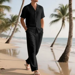 Best OUKU Men's Shirt Suits Shirt and Pant Sets 2 Pieces Outfits Short Sleeve Lapel Summer Plain Fashion Casual 2 Piece Vacation Daily Wear Going out Black White Khaki Top Tee for Men