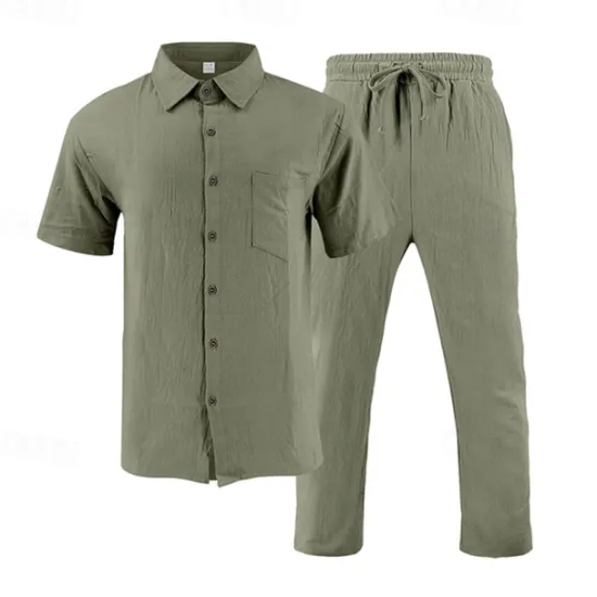 Best OUKU Men's Shirt Suits Shirt and Pant Sets 2 Pieces Outfits Short Sleeve Lapel Summer Plain Fashion Casual 2 Piece Vacation Daily Wear Going out Black White Khaki Top Tee for Men