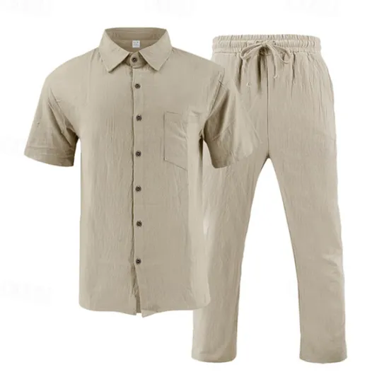 Best OUKU Men's Shirt Suits Shirt and Pant Sets 2 Pieces Outfits Short Sleeve Lapel Summer Plain Fashion Casual 2 Piece Vacation Daily Wear Going out Black White Khaki Top Tee for Men
