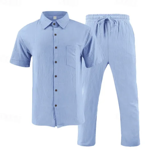 Best OUKU Men's Shirt Suits Shirt and Pant Sets 2 Pieces Outfits Short Sleeve Lapel Summer Plain Fashion Casual 2 Piece Vacation Daily Wear Going out Black White Khaki Top Tee for Men