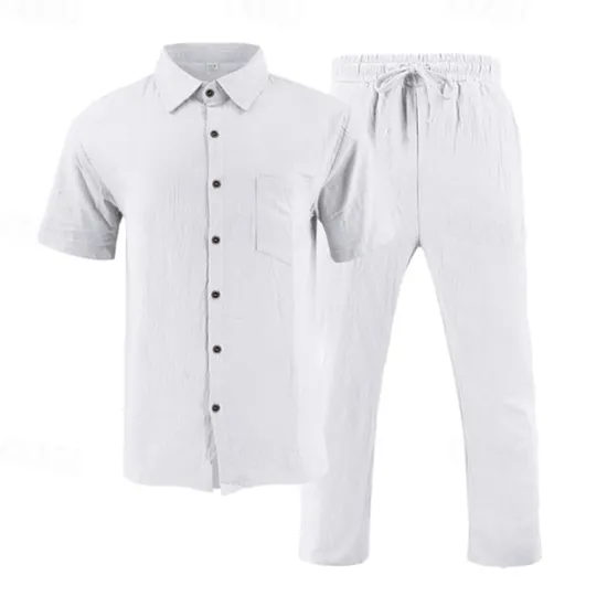 Best OUKU Men's Shirt Suits Shirt and Pant Sets 2 Pieces Outfits Short Sleeve Lapel Summer Plain Fashion Casual 2 Piece Vacation Daily Wear Going out Black White Khaki Top Tee for Men