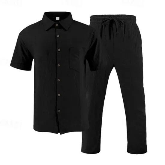 Best OUKU Men's Shirt Suits Shirt and Pant Sets 2 Pieces Outfits Short Sleeve Lapel Summer Plain Fashion Casual 2 Piece Vacation Daily Wear Going out Black White Khaki Top Tee for Men