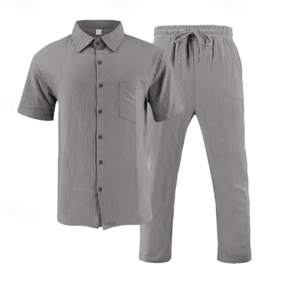 Best OUKU Men's Shirt Suits Shirt and Pant Sets 2 Pieces Outfits Short Sleeve Lapel Summer Plain Fashion Casual 2 Piece Vacation Daily Wear Going out Black White Khaki Top Tee for Men